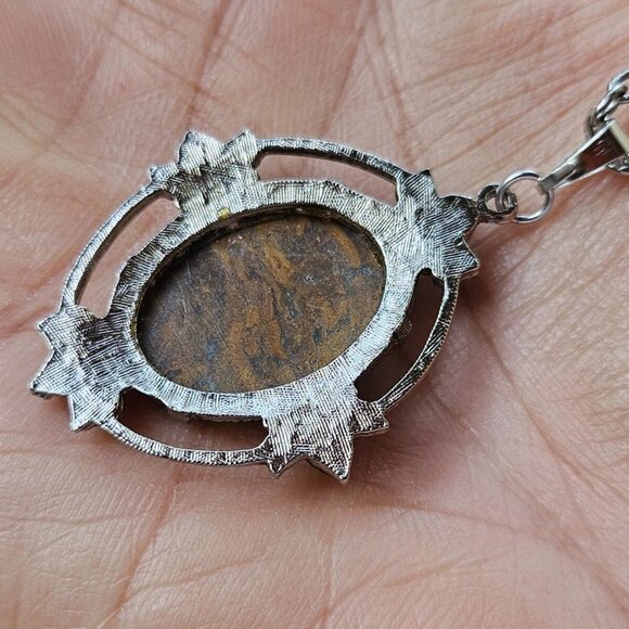 Vintage Pendant Women Necklace Brown Stone Silver Tone Chain Fashion Jewelry - Picture 4 of 12